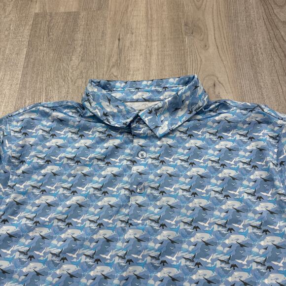1764 Polo Shirt Large Blue Birds All Over Print Stretch Performance Animals - Picture 1 of 8